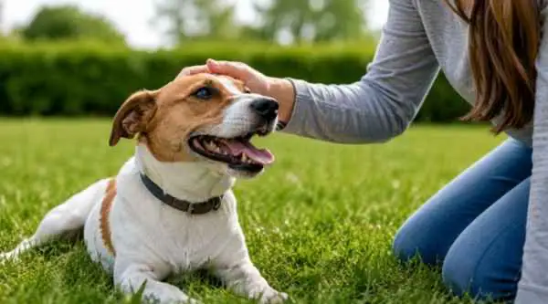 Chien mange de l’herbe sous la surveillance de sa maîtresse