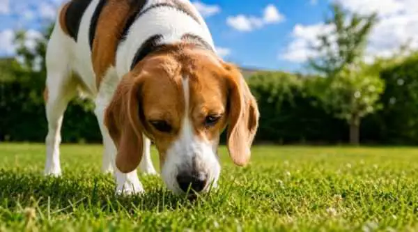 Chien mange de l’herbe dans un jardin