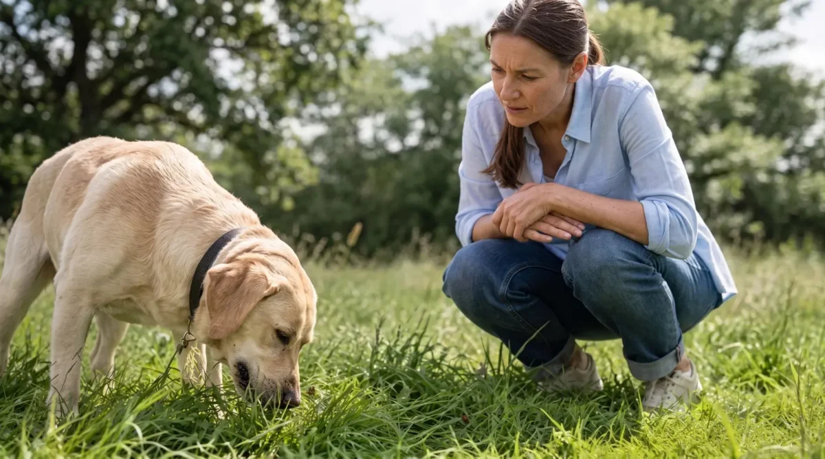 femme inquiète, se demande pourquoi mon chien mange de l'herbe