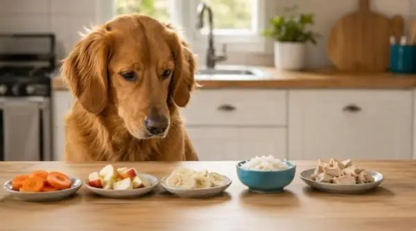 Que peut manger un chien : chien devant plusieurs aliments adaptés