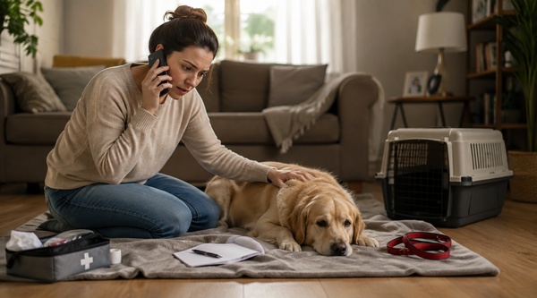 Vétérinaire de garde examinant un chien pendant un appel d’urgence