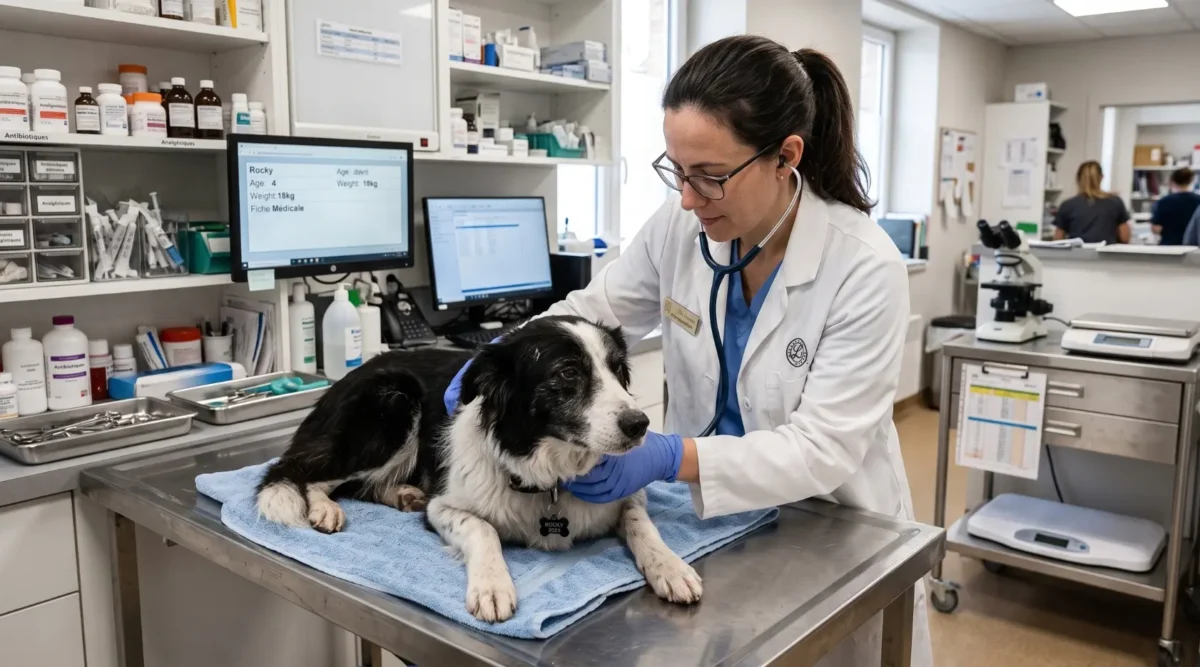 vétérinaire de garde avec, un chien noir et blanc
