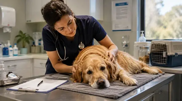 Vétérinaire de garde examinant un chien lors d’une consultation
