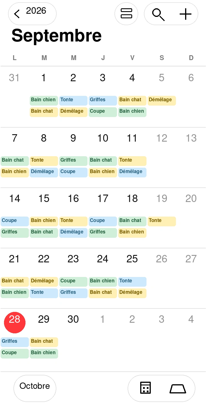 Calendrier Apple en septembre 2026 avec les mêmes rendez-vous de toilettage