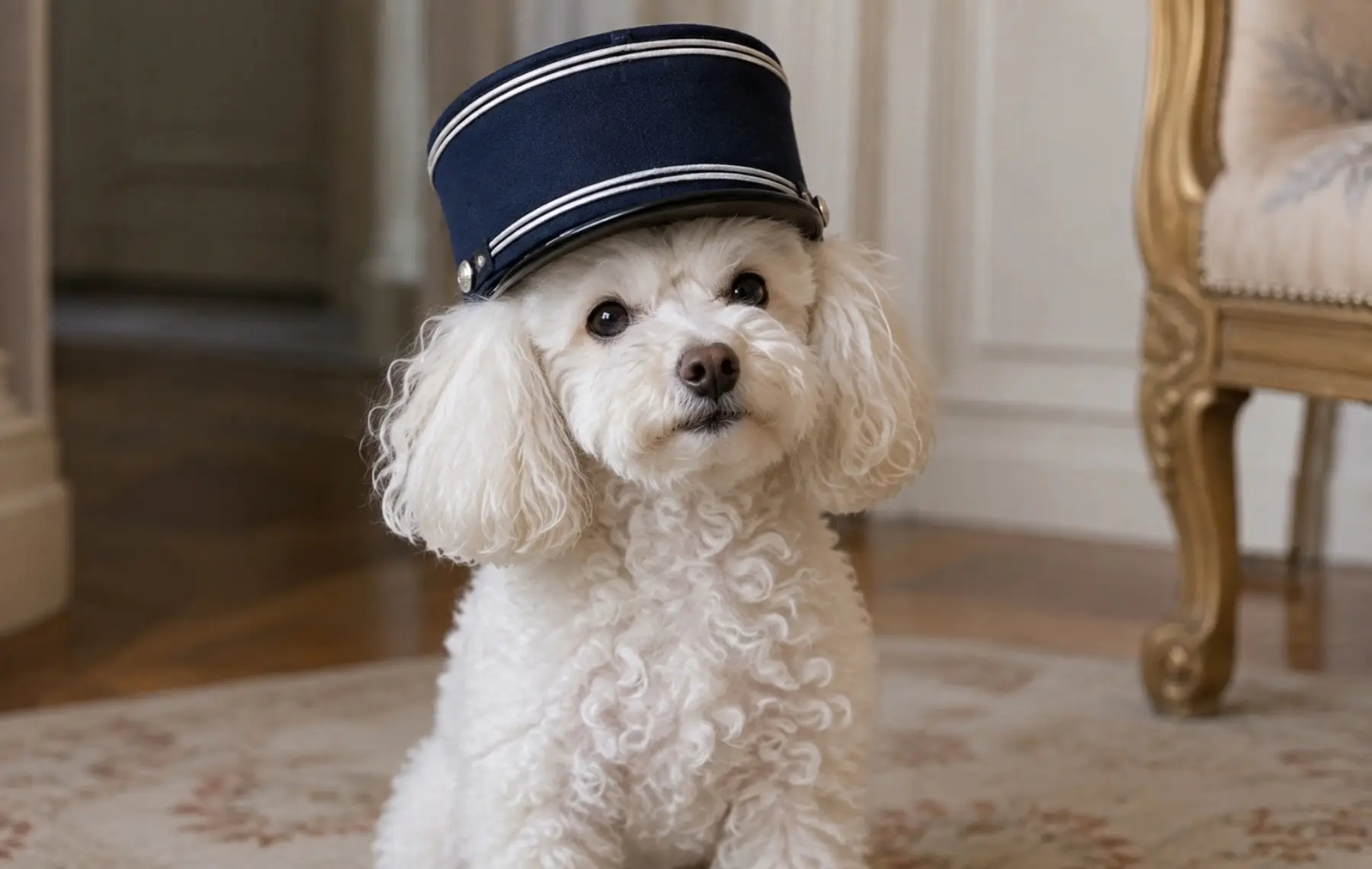 Caniche blanc avec képi évoquant la vigilance et la modération des avis Bestuaire