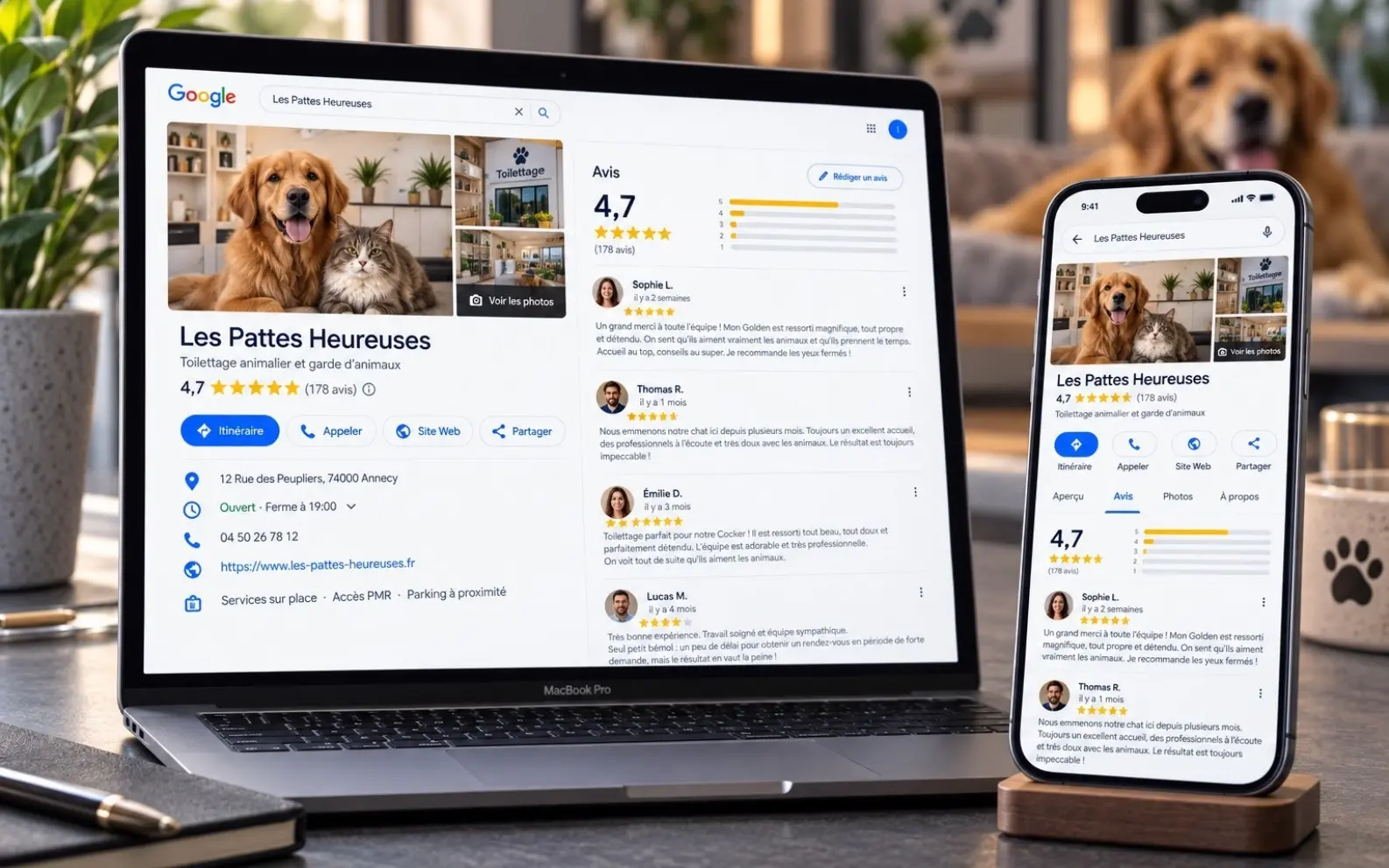 Avis Google d’un professionnel animalier affichés sur MacBook et iPhone