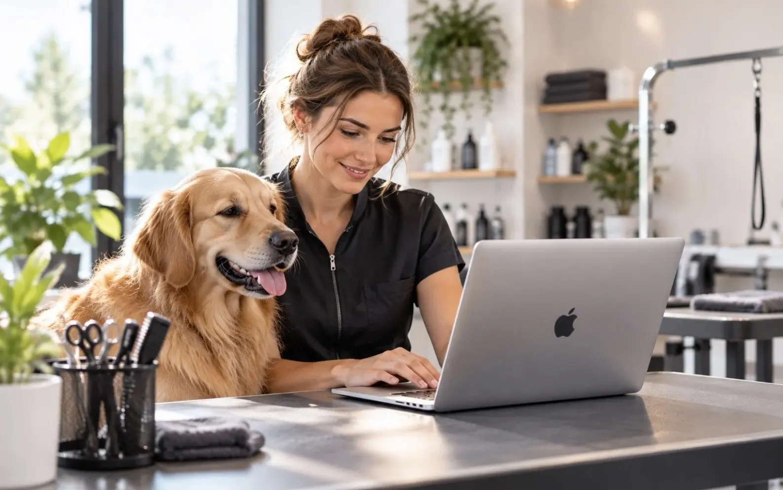 Professionnelle animalière avec un chien consultant les avis internes Bestuaire sur un MacBook