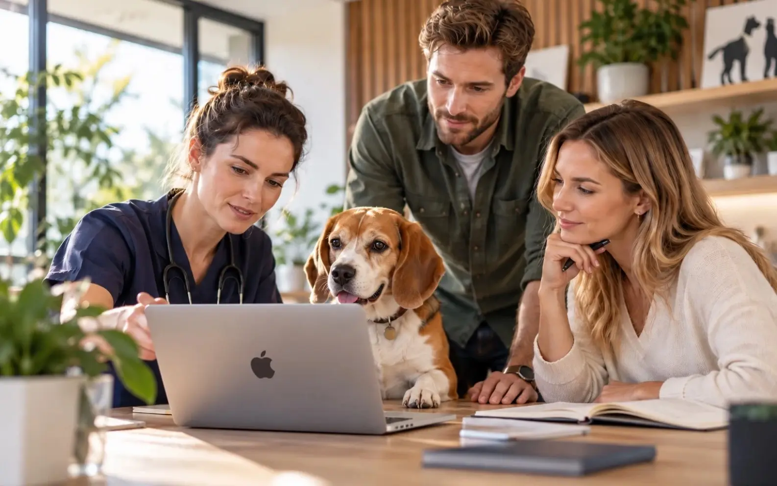 Professionnels animaliers réunis autour d’un MacBook avec un chien au centre de leur échange