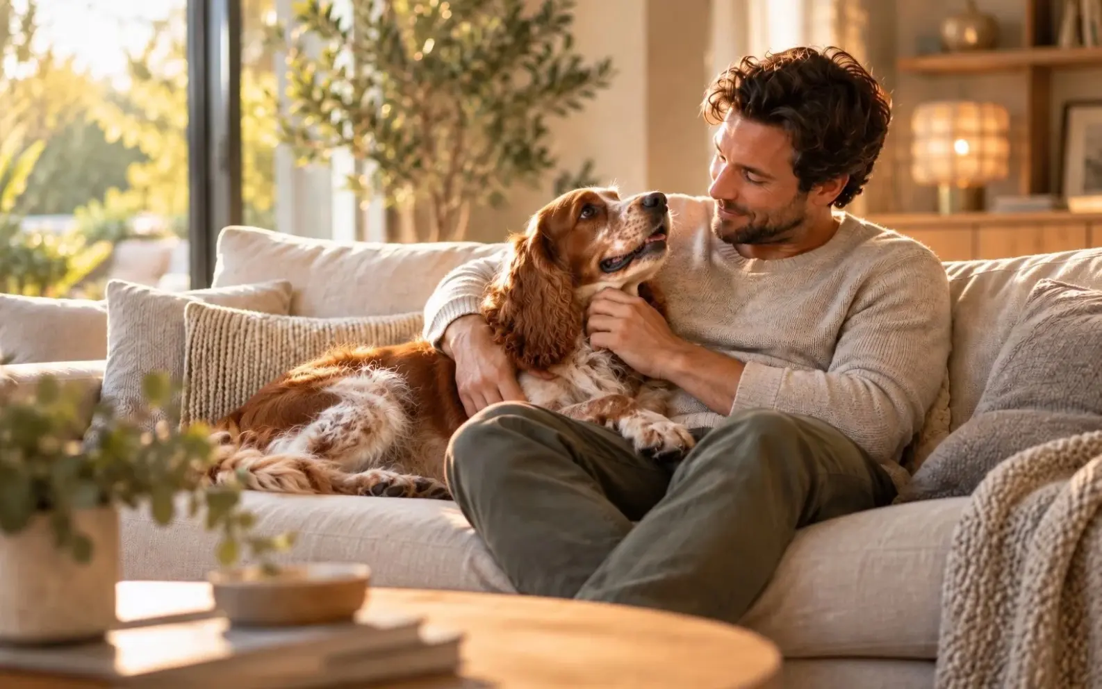 Homme partageant un moment de complicité avec son chien dans un intérieur chaleureux