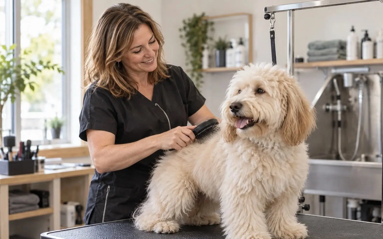 Toiletteuse au travail avec un chien