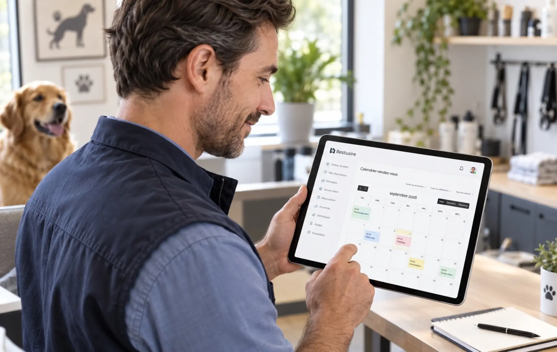 Professionnel animalier gérant ses disponibilités sur la plateforme animalière Bestuaire depuis une tablette