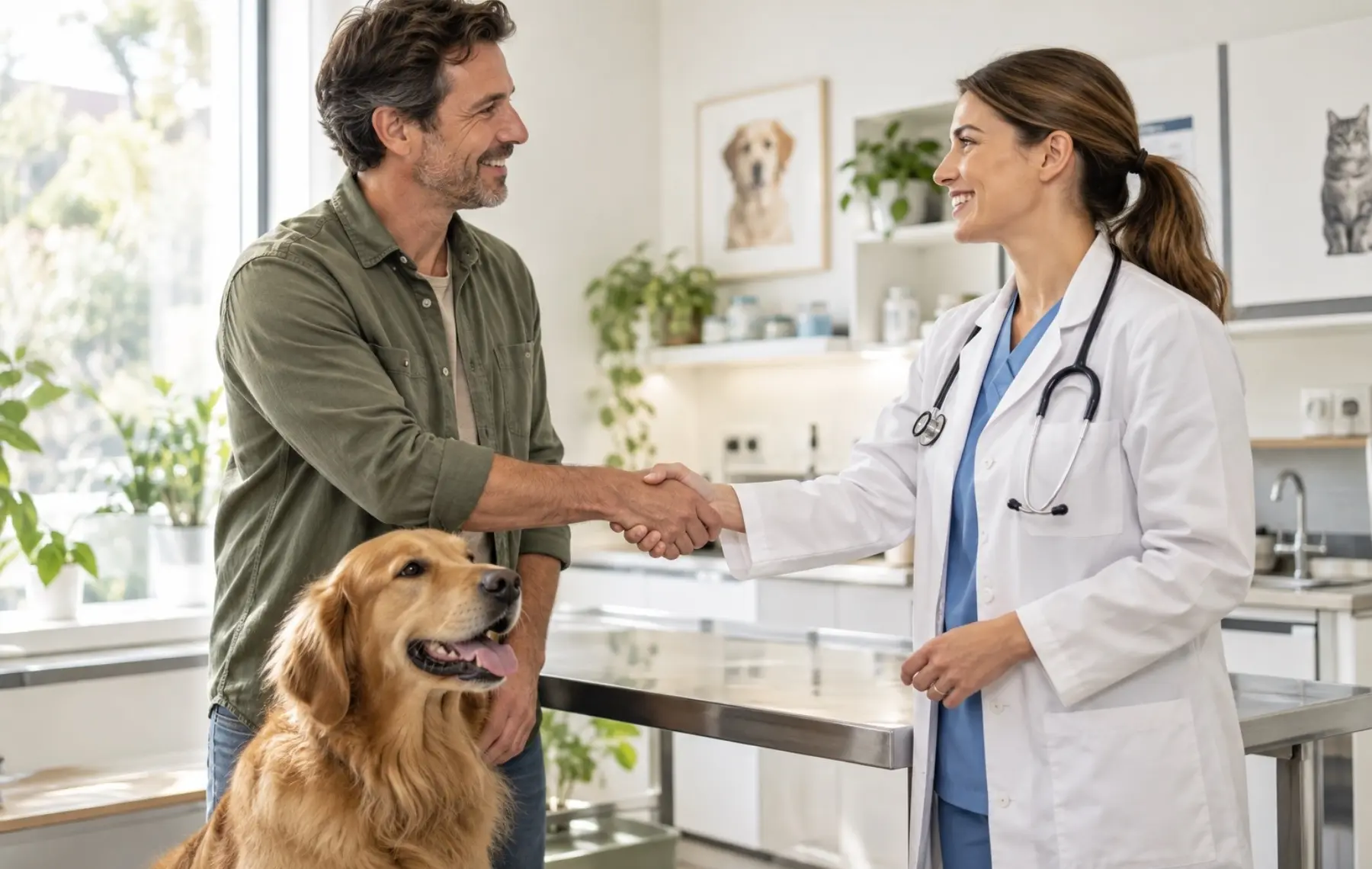 Particulier avec son chien serrant la main à une vétérinaire