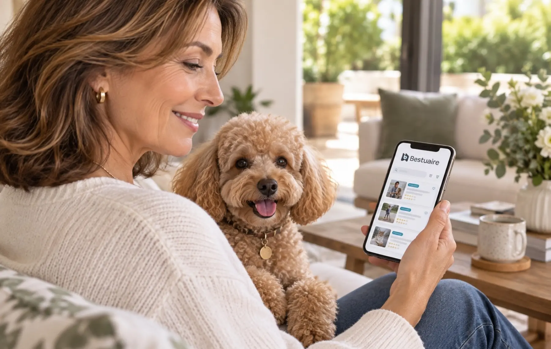 Particulier avec son chien utilisant la plateforme animalière Bestuaire pour rechercher un professionnel