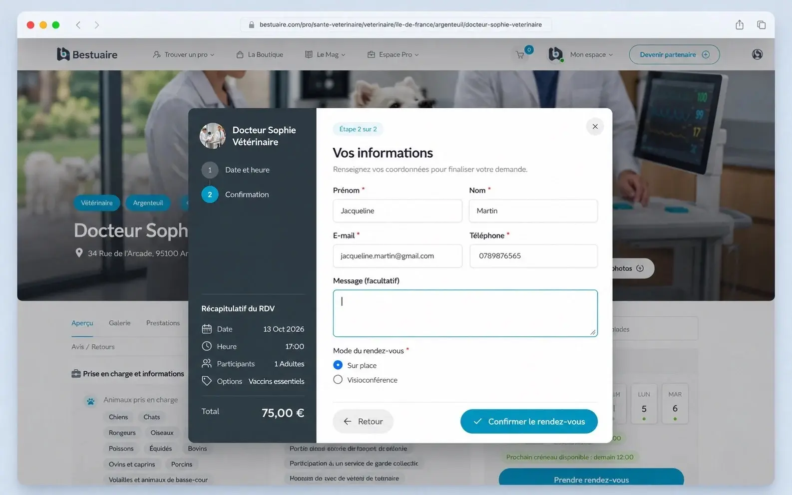 Prise de rendez-vous Bestuaire : étape 2 avec les informations du client
