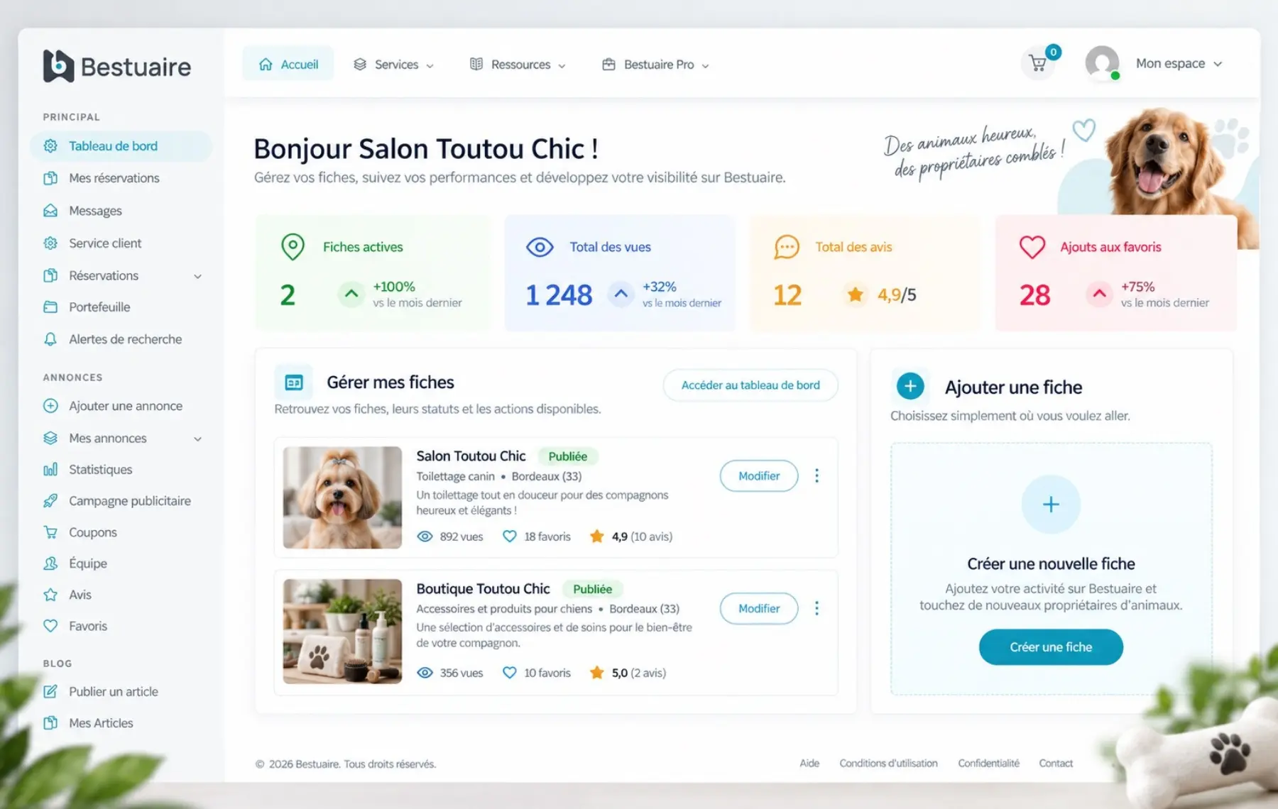 Fonctionnement Bestuaire : espace professionnel avec fiches et indicateurs d’activité