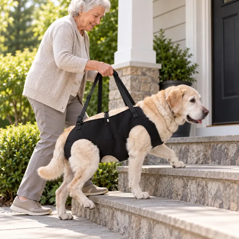 Harnais de levage pour chien senior noir utilisé dans des escaliers