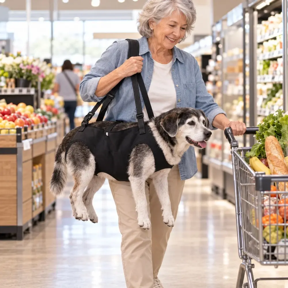 Harnais de levage pour chien senior utilisé lors d’un déplacement quotidien