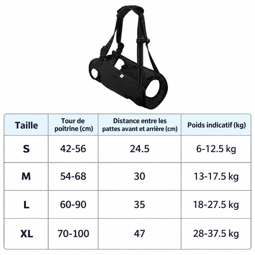 Guide des tailles du harnais de levage pour chien en M L et XL