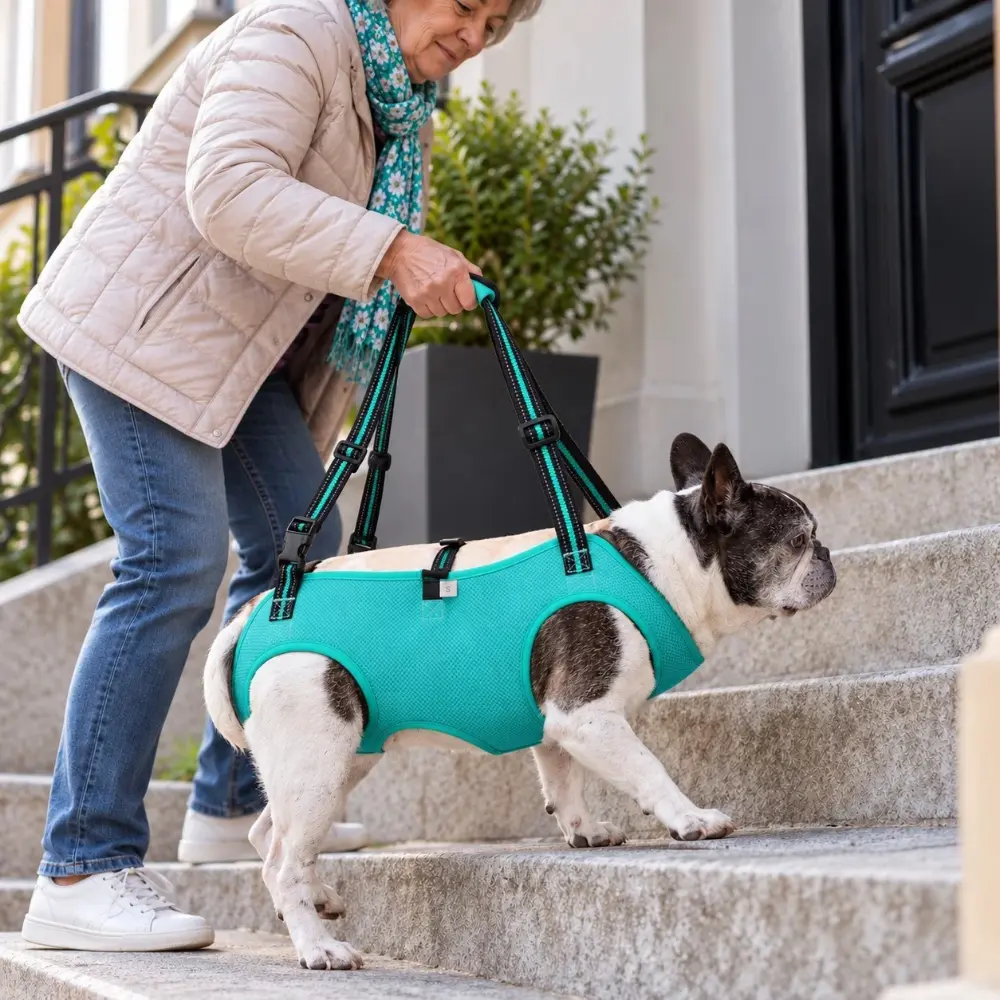 Harnais de levage pour chien senior turquoise lagon utilisé dans des escaliers